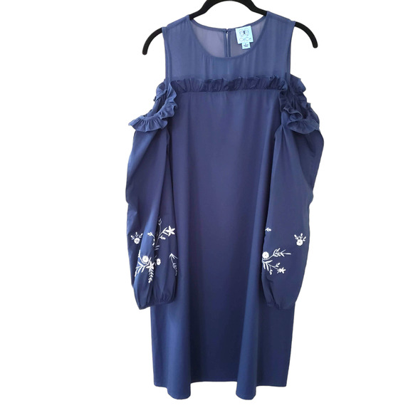CeCe Jardin Cold Shoulder Floral Embroidery Mini Shift Dress, Navy Blue, Sz 6 - Picture 4 of 11